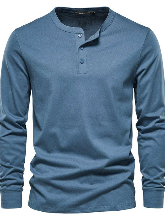 Men's Full Size Quarter Button Round Neck Long Sleeve T-Shirt Plus Size - Trendsi - Flyclothing LLC