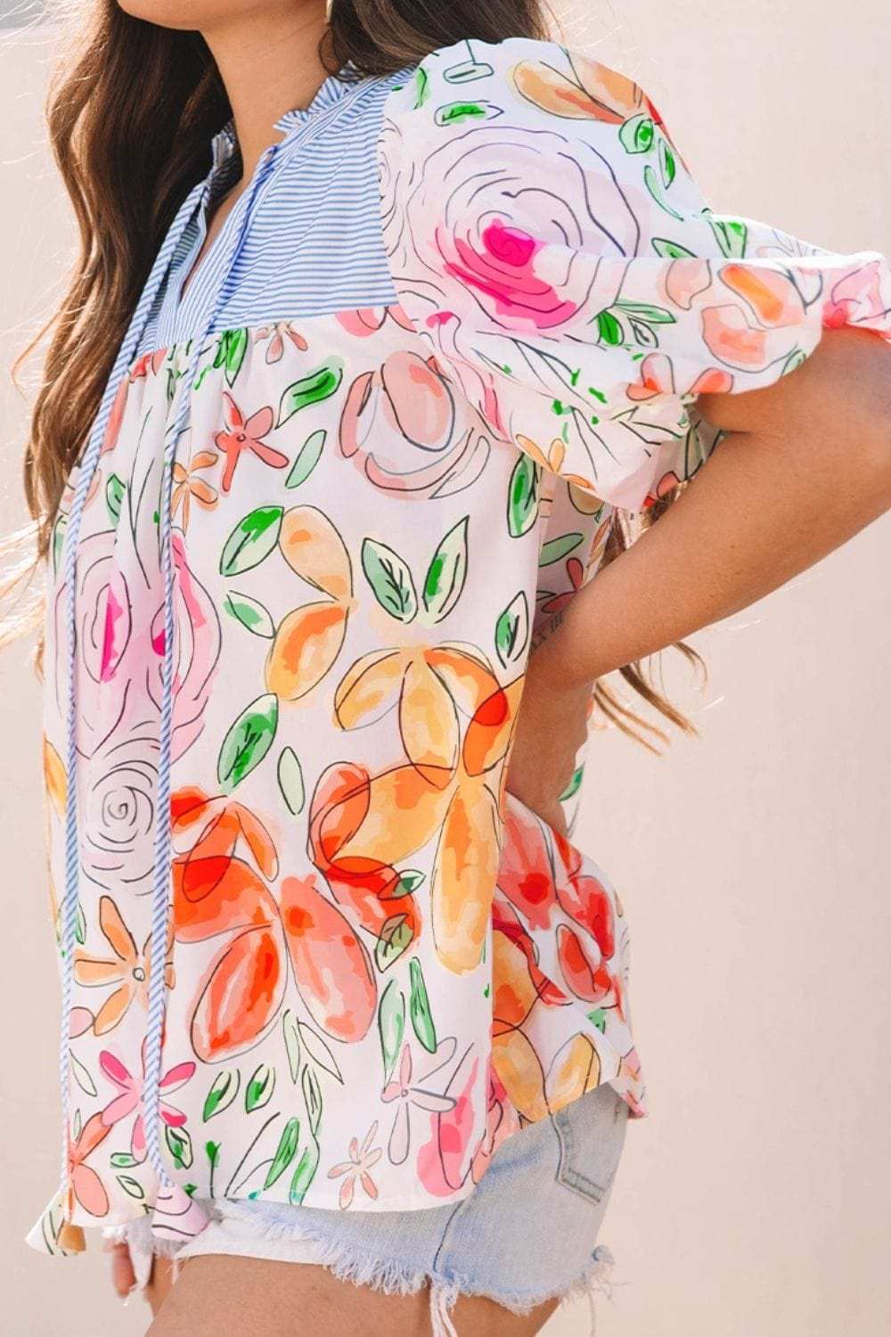 Floral Striped Yoke Frilled Tie Neck Puff Short Sleeve Blouse - Trendsi - Flyclothing LLC