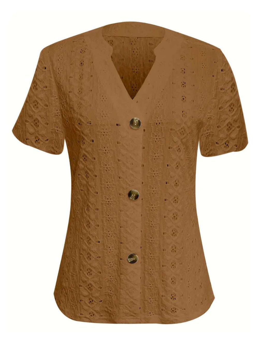 Openwork Notched Short Sleeve Top - Trendsi - Flyclothing LLC