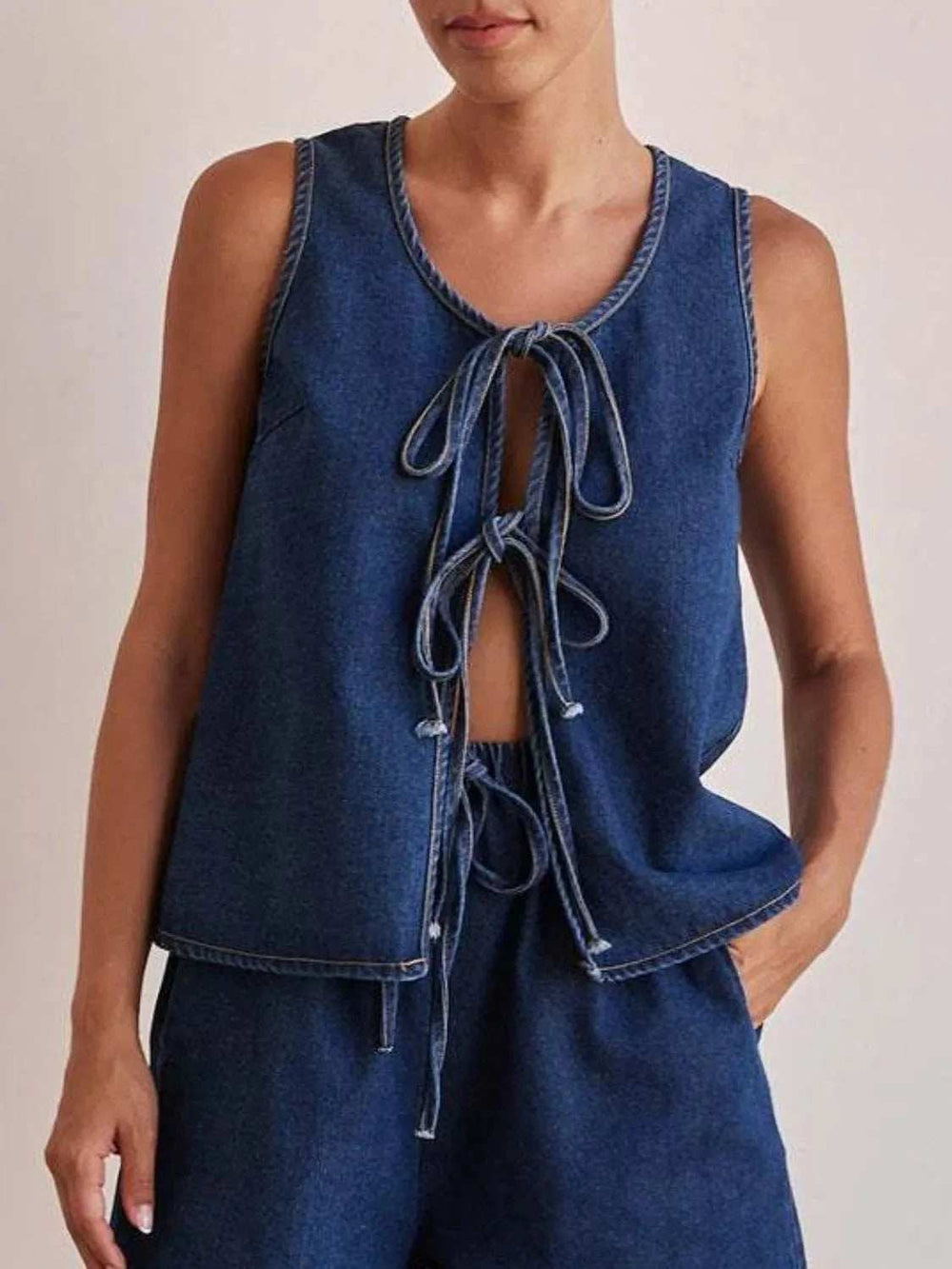Tie Front Denim Vest - Trendsi - Flyclothing LLC