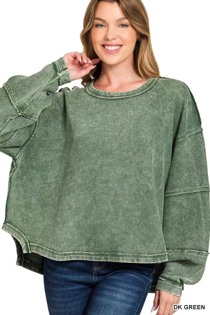 Zenana Acid Washed Exposed-Seam Sweatshirt - Trendsi - Flyclothing LLC