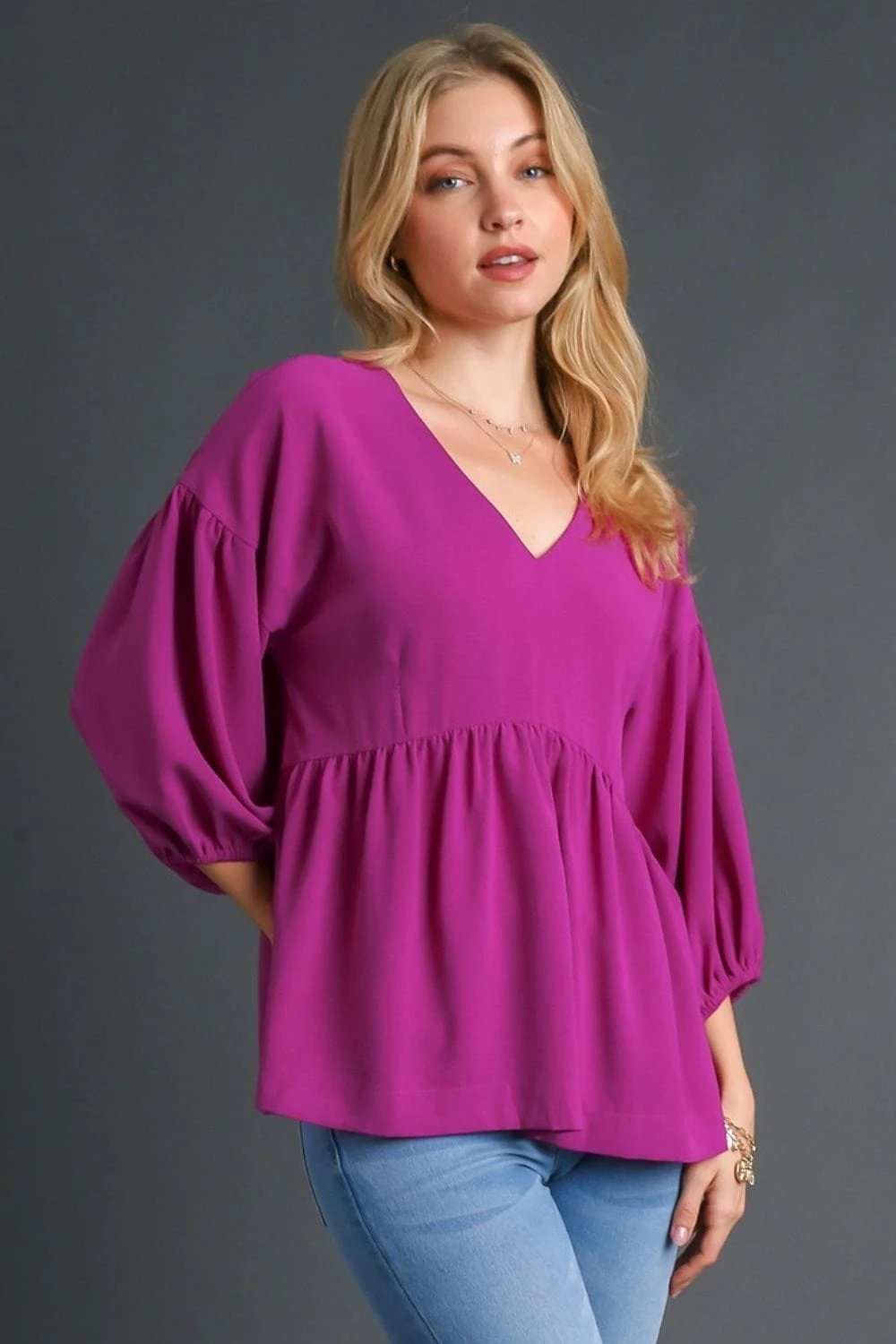 Umgee Full Size V-Neck Puffed 3/4 Sleeve Babydoll Blouse Plus Size - Trendsi - Flyclothing LLC