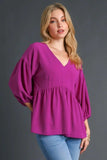 Umgee Full Size V-Neck Puffed 3/4 Sleeve Babydoll Blouse Plus Size - Trendsi - Flyclothing LLC