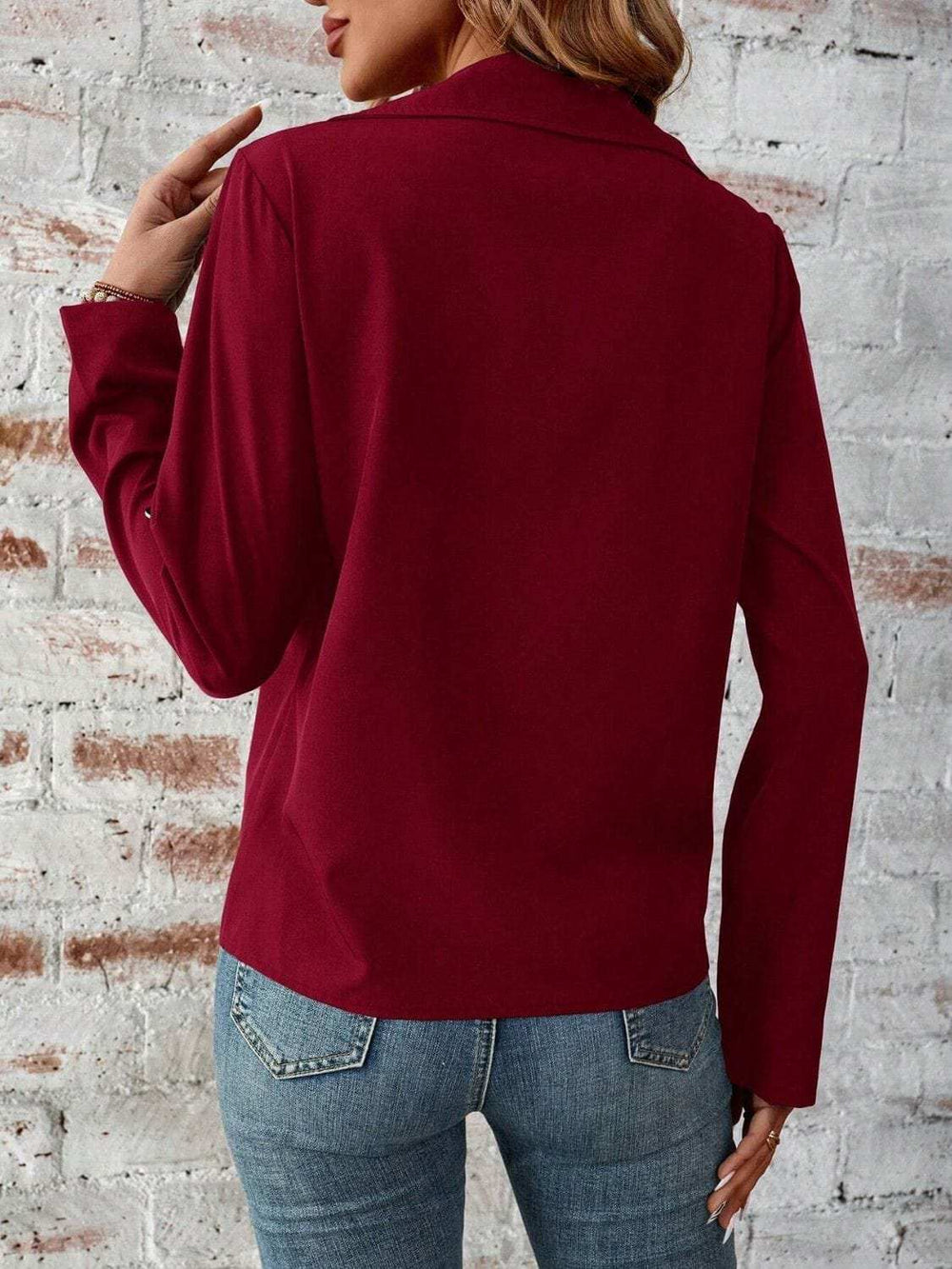 Zip Up Collared Neck Roll-Tab Sleeve Jacket - Trendsi - Flyclothing LLC