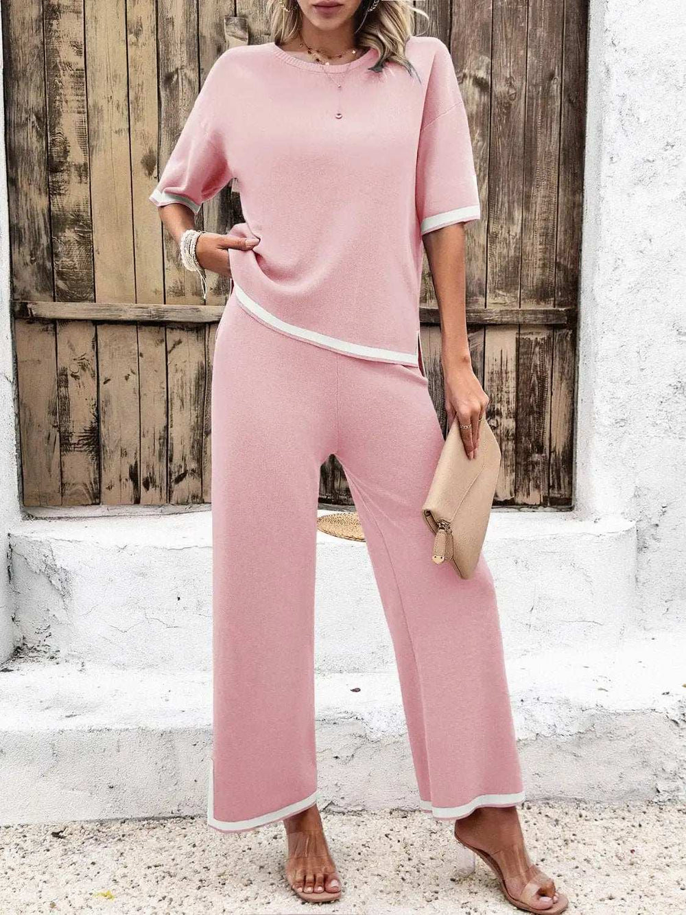 Contrast Trim Round Neck Top and Pants Set - Trendsi - Flyclothing LLC