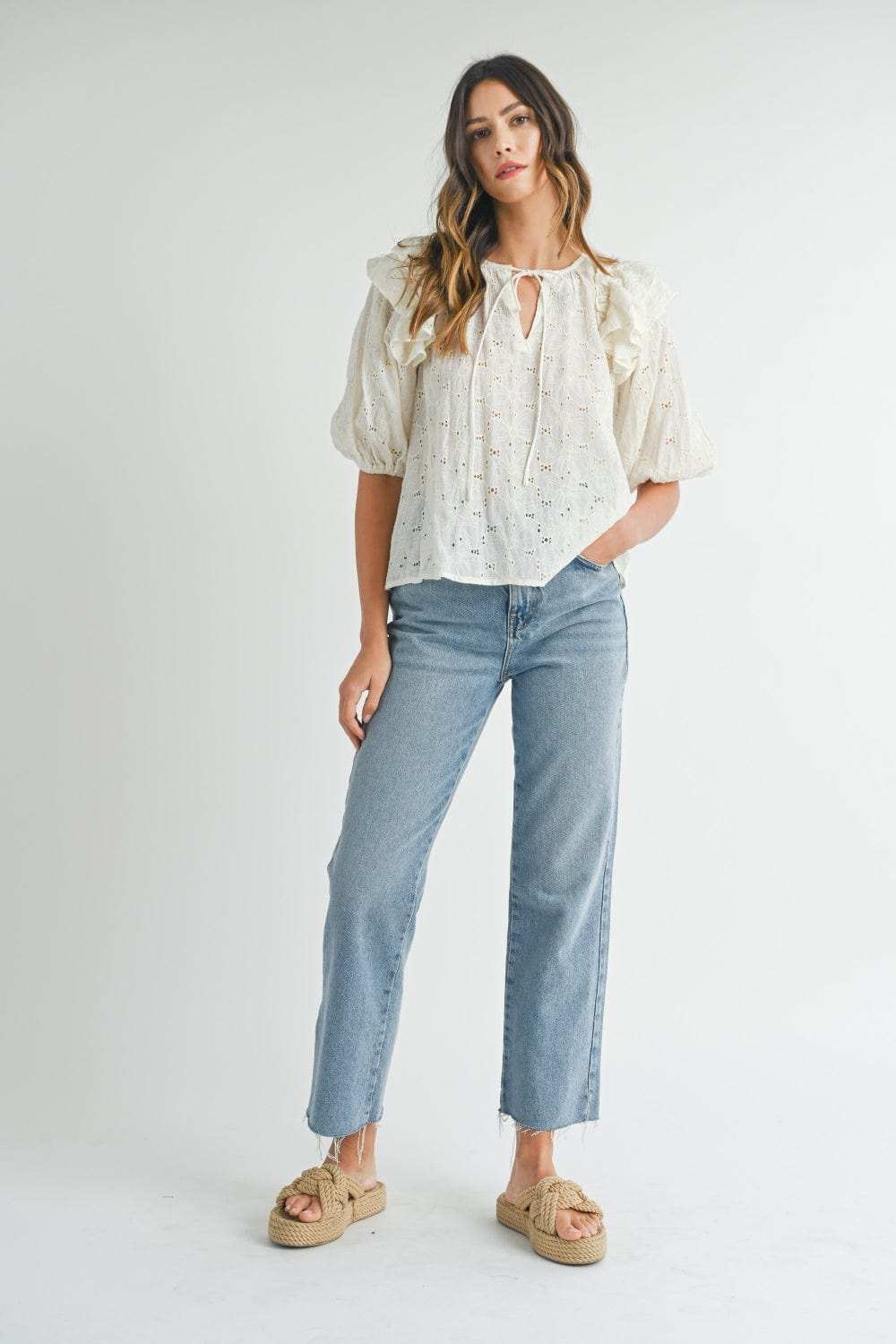 MABLE Eyelet Lace Ruffle Shoulder Puff Sleeve Blouse - Trendsi - Flyclothing LLC