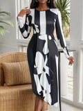 Asymmetrical Slit Round Neck Long Sleeve Midi Dress - Trendsi - Flyclothing LLC