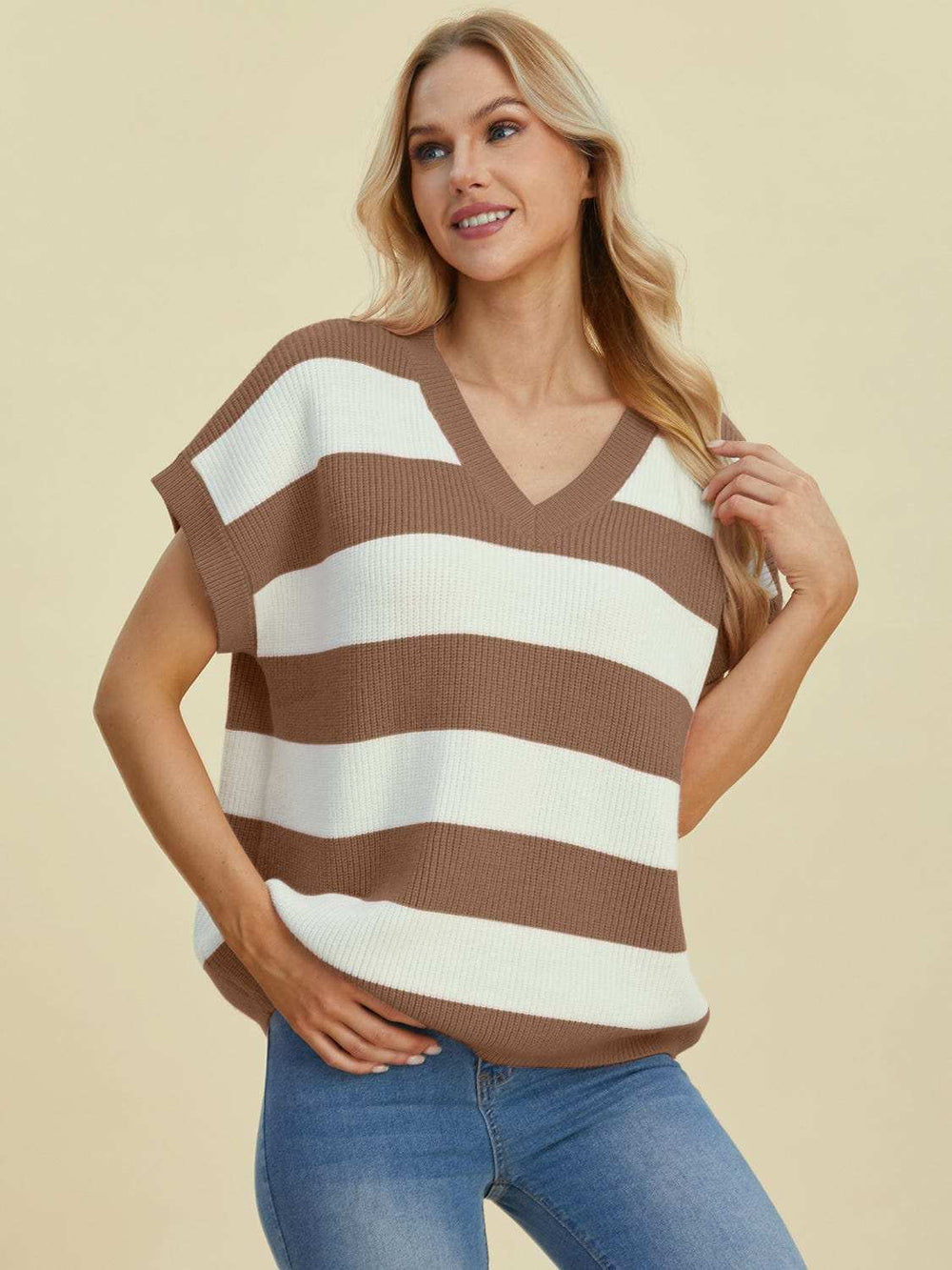 Double Take Full Size Striped V-Neck Short Sleeve Sweater - Trendsi - Flyclothing LLC