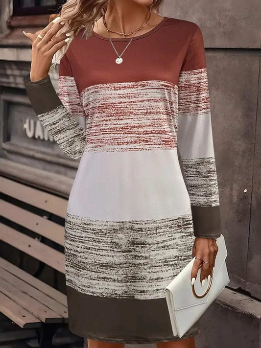 Color Block Round Neck Long Sleeve Dress - Trendsi - Flyclothing LLC