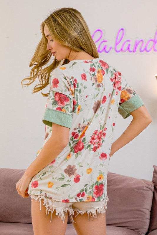 BiBi Floral Button Detail Round Neck Short Sleeve Terry T-Shirt - Trendsi - Flyclothing LLC