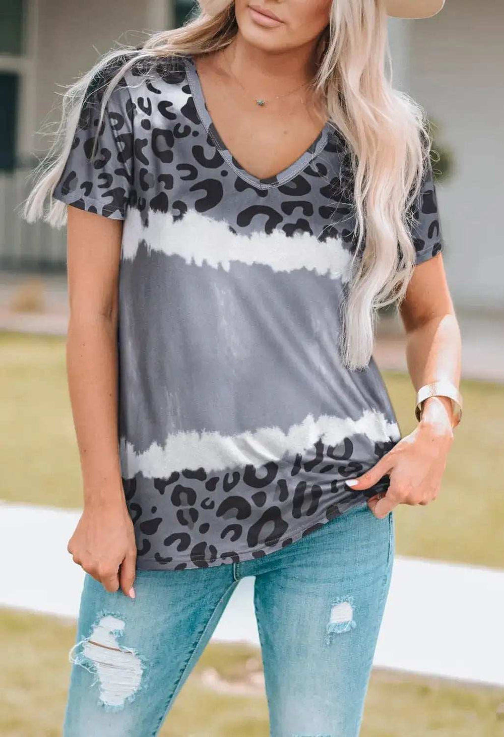 Leopard V-Neck Short Sleeve T-Shirt - Trendsi - Flyclothing LLC