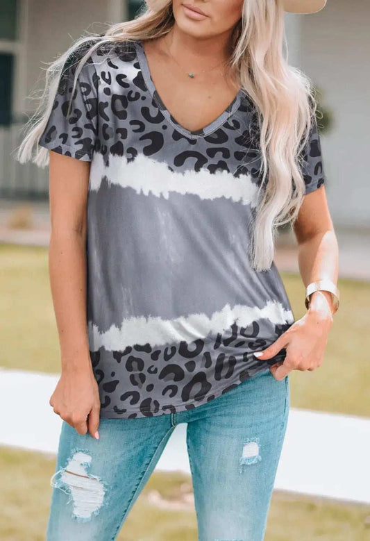 Leopard V-Neck Short Sleeve T-Shirt - Trendsi - Flyclothing LLC
