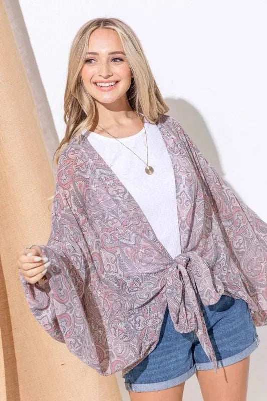 And The Why Sheer Front Tie Knot Oversized Kimono Wrap Cover Up - Trendsi - Flyclothing LLC
