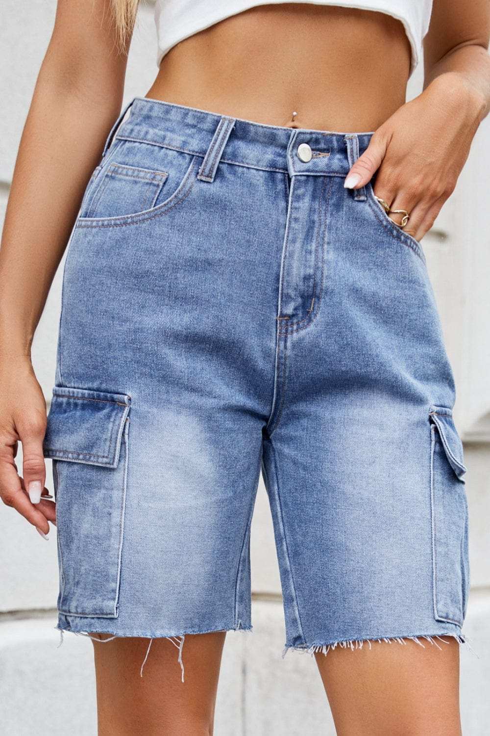 Raw Hem Washed Denim Shorts with Cargo Pockets - Trendsi - Flyclothing LLC