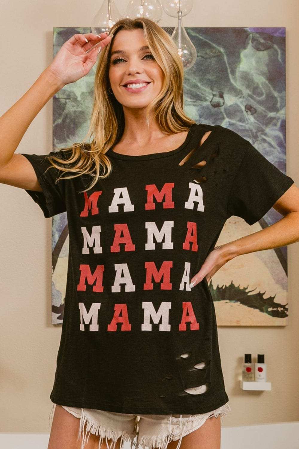BiBi MAMA Graphic Distressed Short Sleeve T-Shirt - Trendsi - Flyclothing LLC