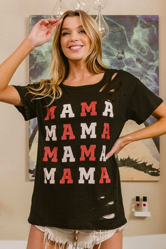BiBi MAMA Graphic Distressed Short Sleeve T-Shirt - Trendsi - Flyclothing LLC