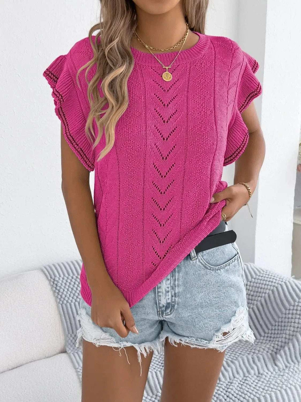 Openwork Round Neck Cap Sleeve Knit Top - Trendsi - Flyclothing LLC