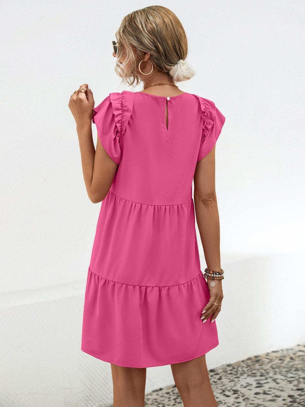 Ruffled Round Neck Cap Sleeve Mini Dress - Trendsi - Flyclothing LLC