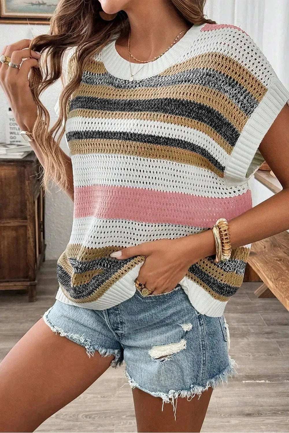 Stripe Color Block Eyelet Knit Short Sleeve Knit Top - Trendsi - Flyclothing LLC