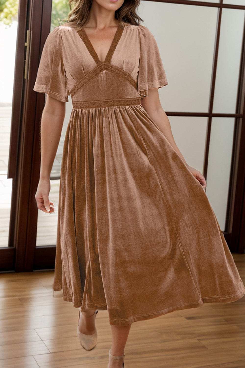 Lace Detail V-Neck Short Sleeve Dress - Trendsi - Flyclothing LLC