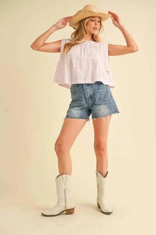 Aemi+Co Ruched Striped Round Neck Sleeveless Top - Trendsi - Flyclothing LLC