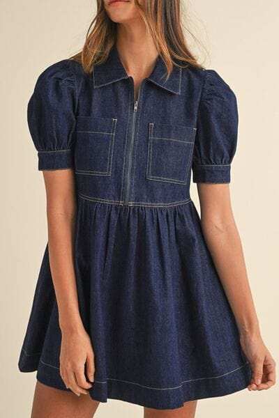 Collared Neck Half Zip Denim Dress - Trendsi - Flyclothing LLC