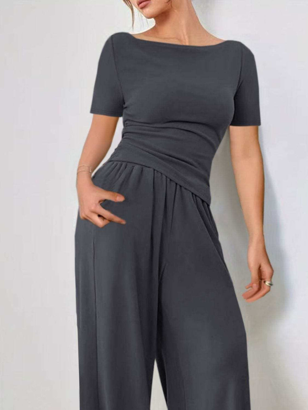 Round Neck Short Sleeve T-Shirt and Pants Set - Trendsi - Flyclothing LLC