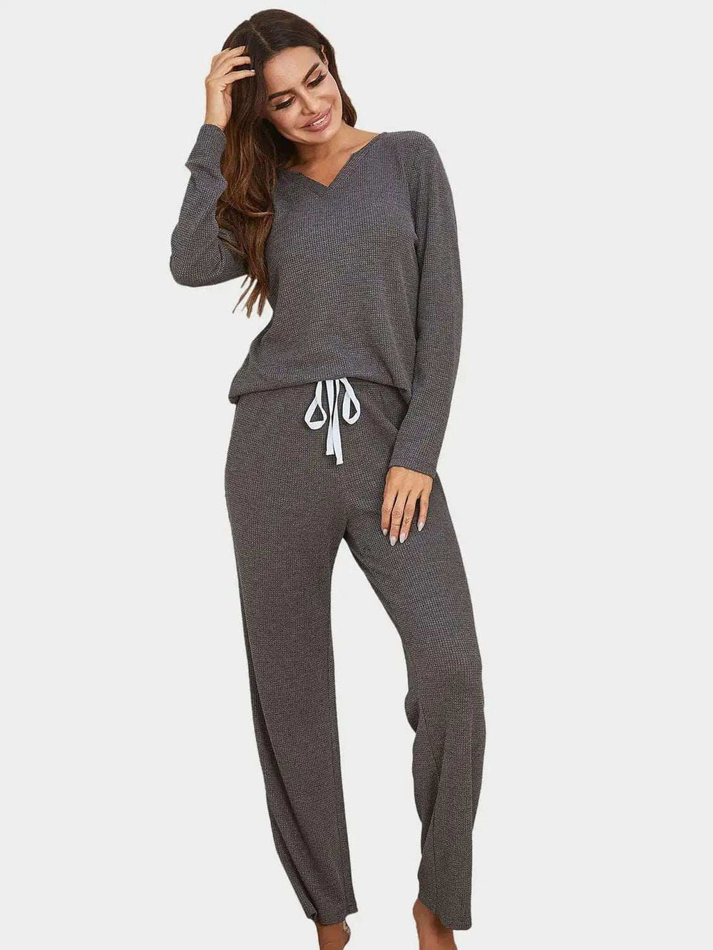 Notched Long Sleeve Top and Pants Set - Trendsi - Flyclothing LLC