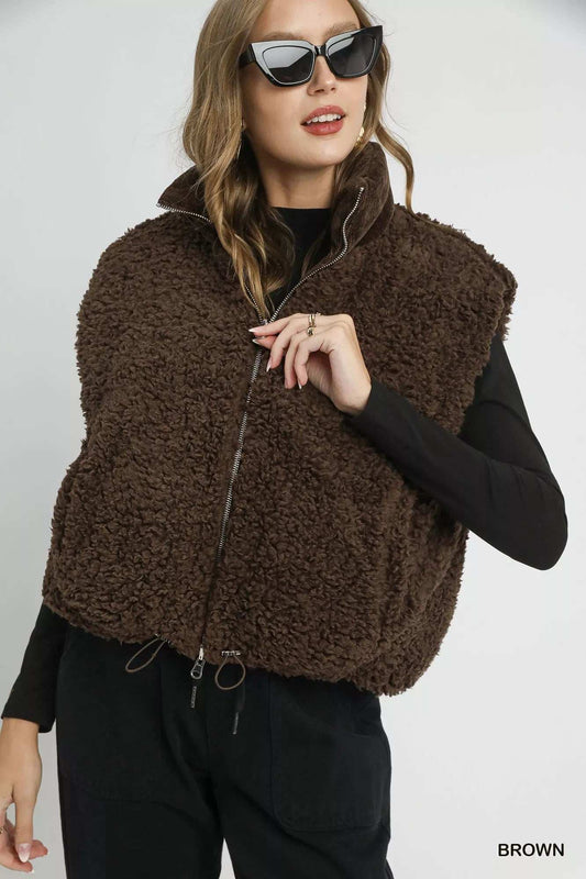 Umgee Sherpa-Lined Zip Vest with Drawstring Hem - Trendsi - Flyclothing LLC