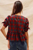 SO ME Christmas Holiday Plaid Ribbon Short Sleeves Top - Trendsi - Flyclothing LLC