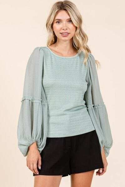 Mittoshop Mixed Media Textured Knit Chiffon Long Sleeve Top - Trendsi - Flyclothing LLC