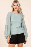 Mittoshop Mixed Media Textured Knit Chiffon Long Sleeve Top - Trendsi - Flyclothing LLC