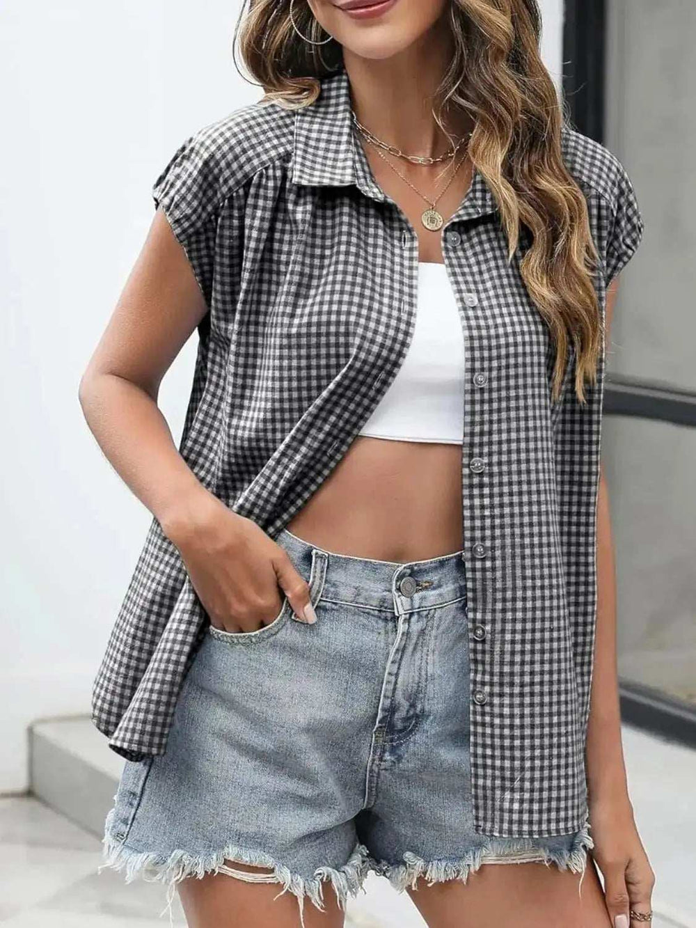 Plaid Button Up Cap Sleeve Shirt - Trendsi - Flyclothing LLC