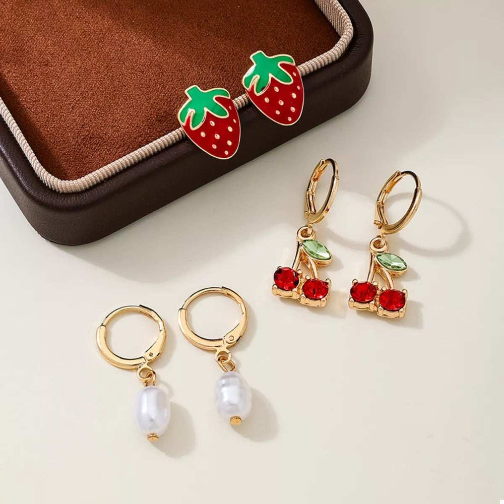 3 Piece 18K Gold-Plated Strawberry Cherry and Pearl Earrings - Trendsi - Flyclothing LLC
