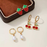 3 Piece 18K Gold-Plated Strawberry Cherry and Pearl Earrings - Trendsi - Flyclothing LLC