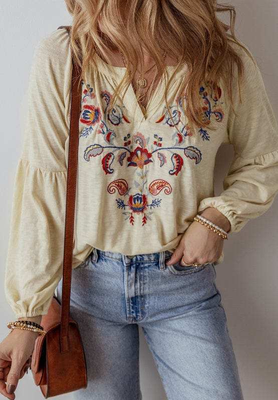 Embroidered Notched Long Sleeve Blouse - Trendsi - Flyclothing LLC