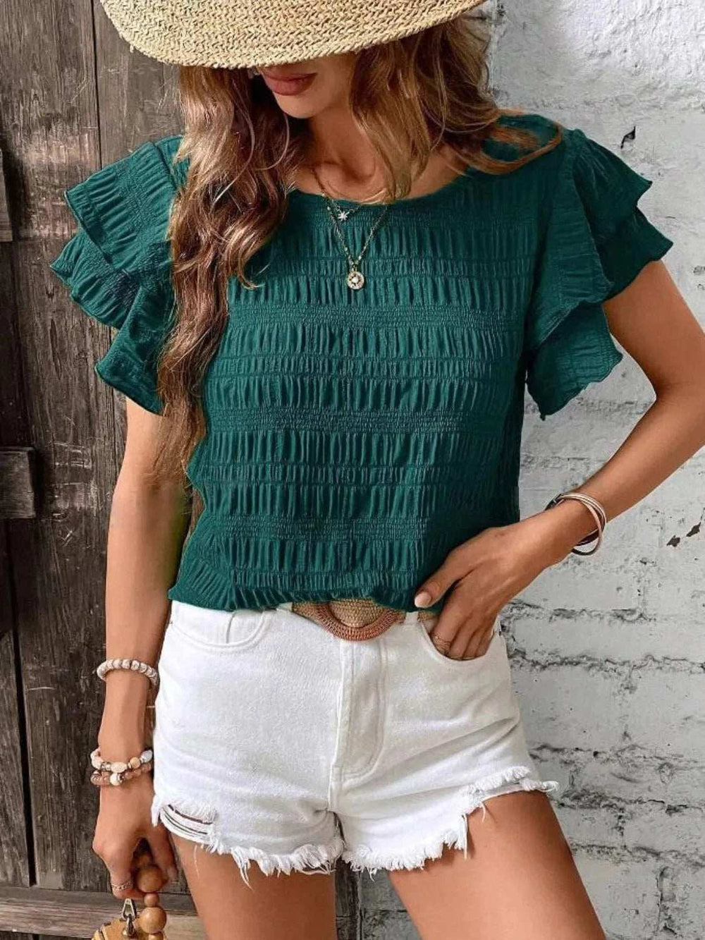 Round Neck Ruffled Short Sleeve Top - Trendsi - Flyclothing LLC