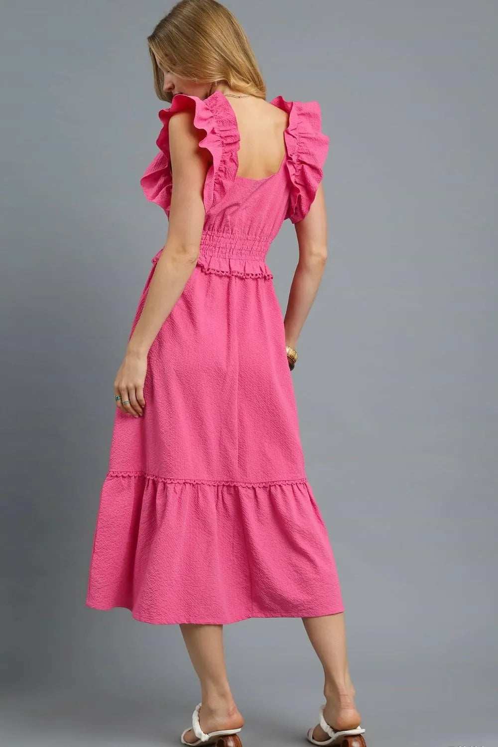 Umgee V-Neck Ruffled Cap Sleeve Midi Dress - Trendsi - Flyclothing LLC