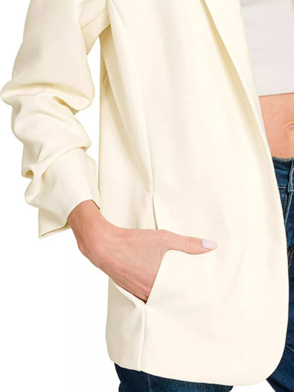 Zenana Woven 3/4 Ruched Sleeve Open Front Classic Blazer - Trendsi - Flyclothing LLC