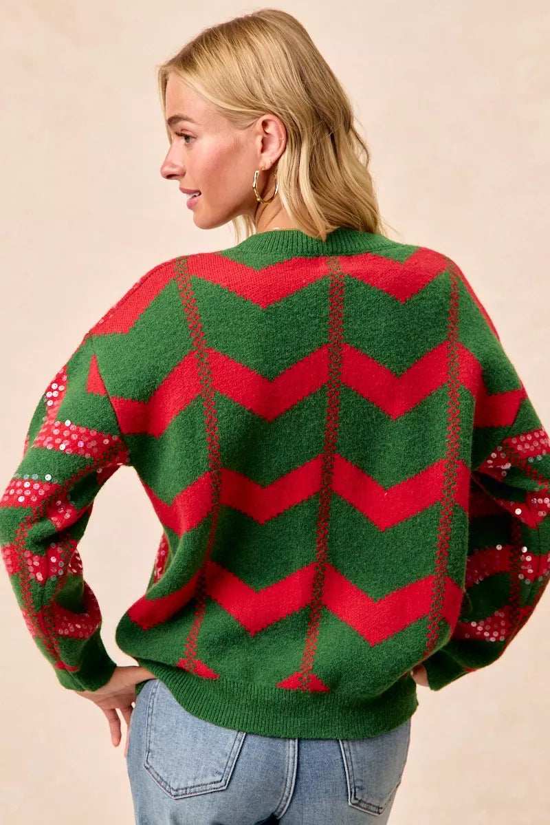 BiBi Christmas Theme Chevron Sequins Detail Sweater - Trendsi - Flyclothing LLC