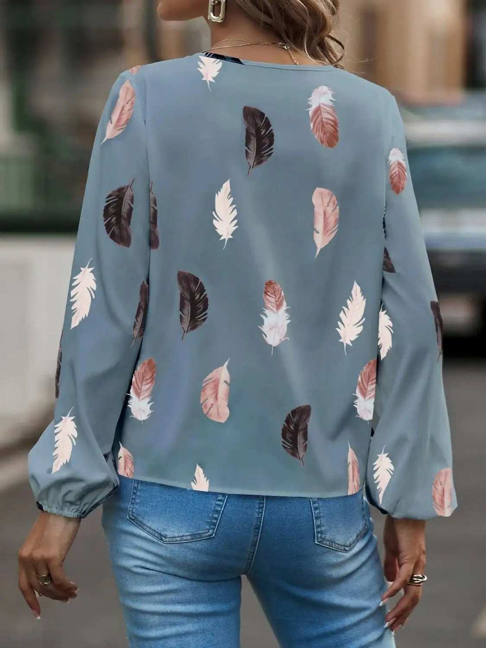 Feather Print Notched Balloon Sleeve Top - Trendsi - Flyclothing LLC