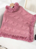 Fuzzy Hem Cable-Knit Poncho - Trendsi - Flyclothing LLC