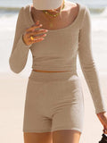 Scoop Neck Long Sleeve Top and Shorts Set - Trendsi - Flyclothing LLC