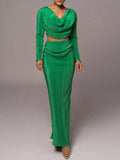 Ruched Cowl Neck Top and Maxi Skirt Set - Trendsi - Flyclothing LLC