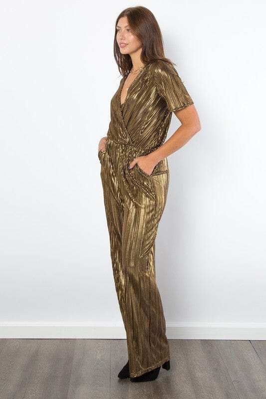 Be Stage Surplice Short Sleeve Pleated Foil Jumpsuit - Trendsi - Flyclothing LLC