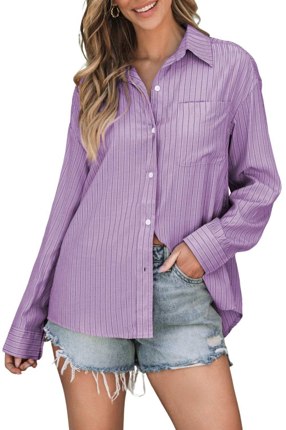 Striped Button Up Long Sleeve Shirt - Trendsi - Flyclothing LLC
