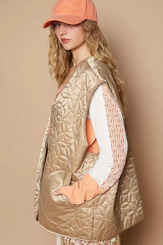 POL Front Zipper Floral Pattern Quilted Vest Coat with Front Pockets - Trendsi - Flyclothing LLC