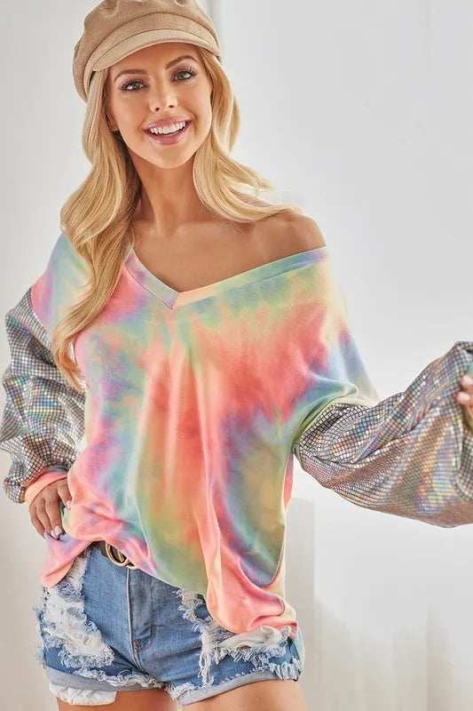 BiBi V Neck Tie Dye French Terry Top with Shiny - Trendsi - Flyclothing LLC