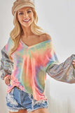 BiBi V Neck Tie Dye French Terry Top with Shiny - Trendsi - Flyclothing LLC