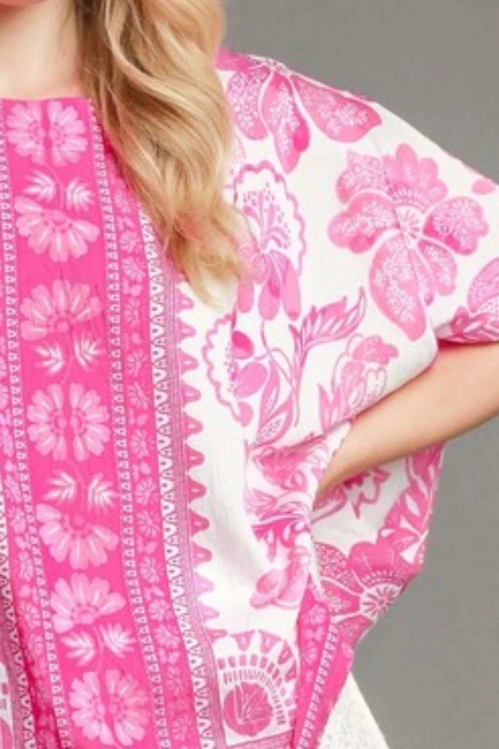 Umgee Full Size Floral Border Print Oversized Top Plus Size - Trendsi - Flyclothing LLC